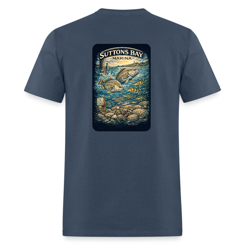 Suttons Bay Marina T-Shirt | Lake Michigan Coastal Heritage - blue dusk