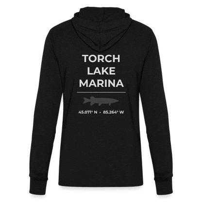 TORCH LAKE MARINA LONG SLEEVE HOODED TEE - black