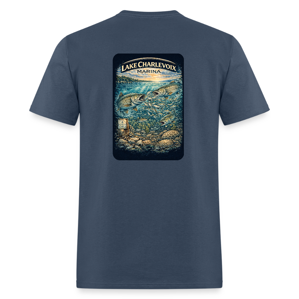 Lake Charlevoix Marina T-Shirt | Michigan Inland Water Heritage -  blue dusk