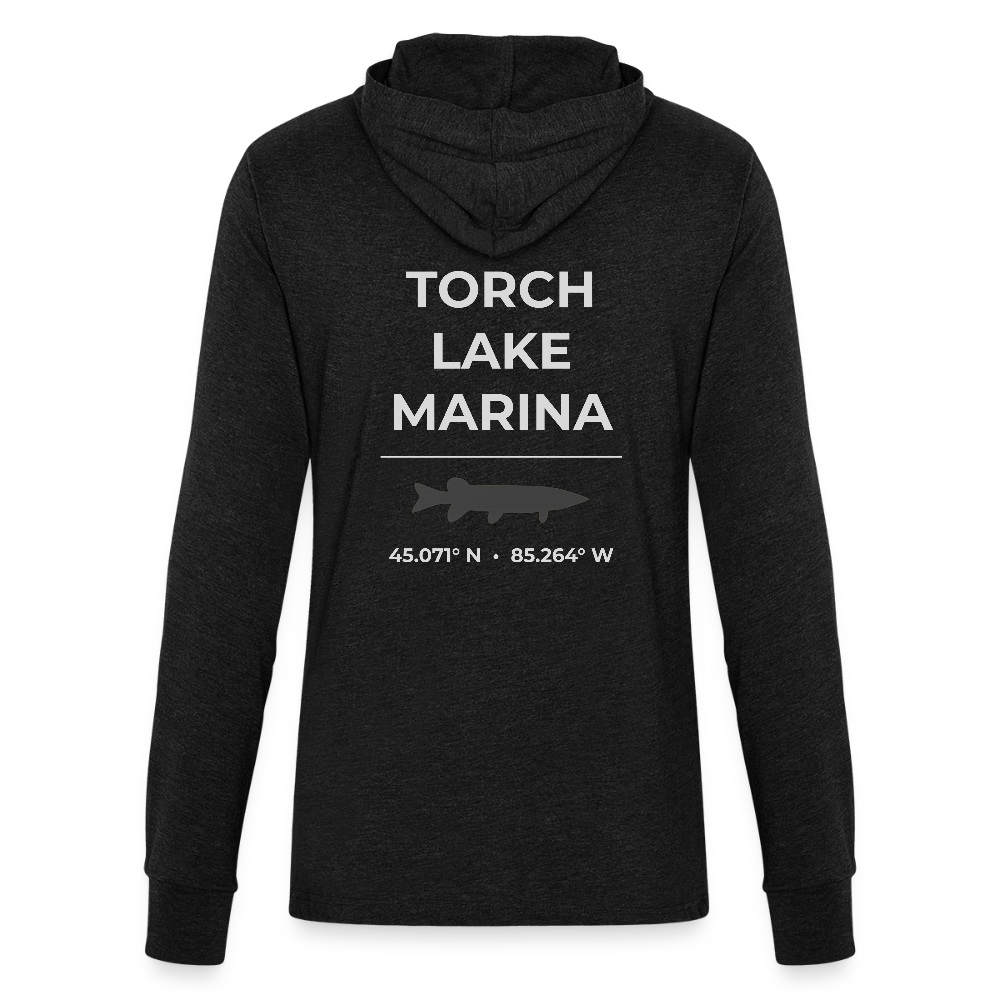 TORCH LAKE MARINA LONG SLEEVE HOODED TEE - heather black