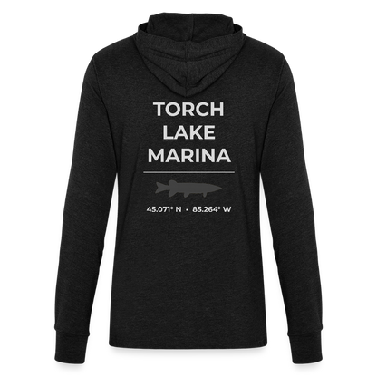 TORCH LAKE MARINA LONG SLEEVE HOODED TEE - heather black