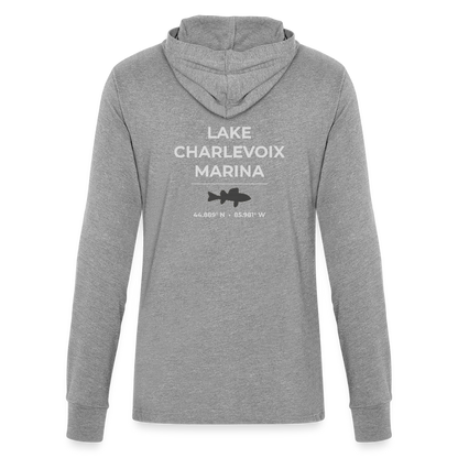 LAKE CHARLEVOIX MARINA LONG SLEEVE HOODED TEE - heather grey