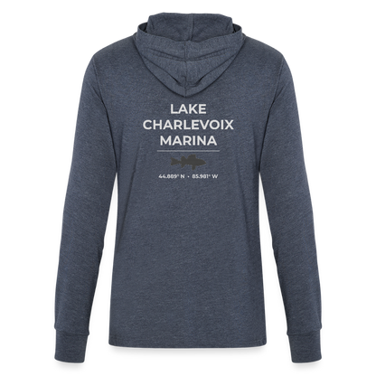 LAKE CHARLEVOIX MARINA LONG SLEEVE HOODED TEE - heather navy