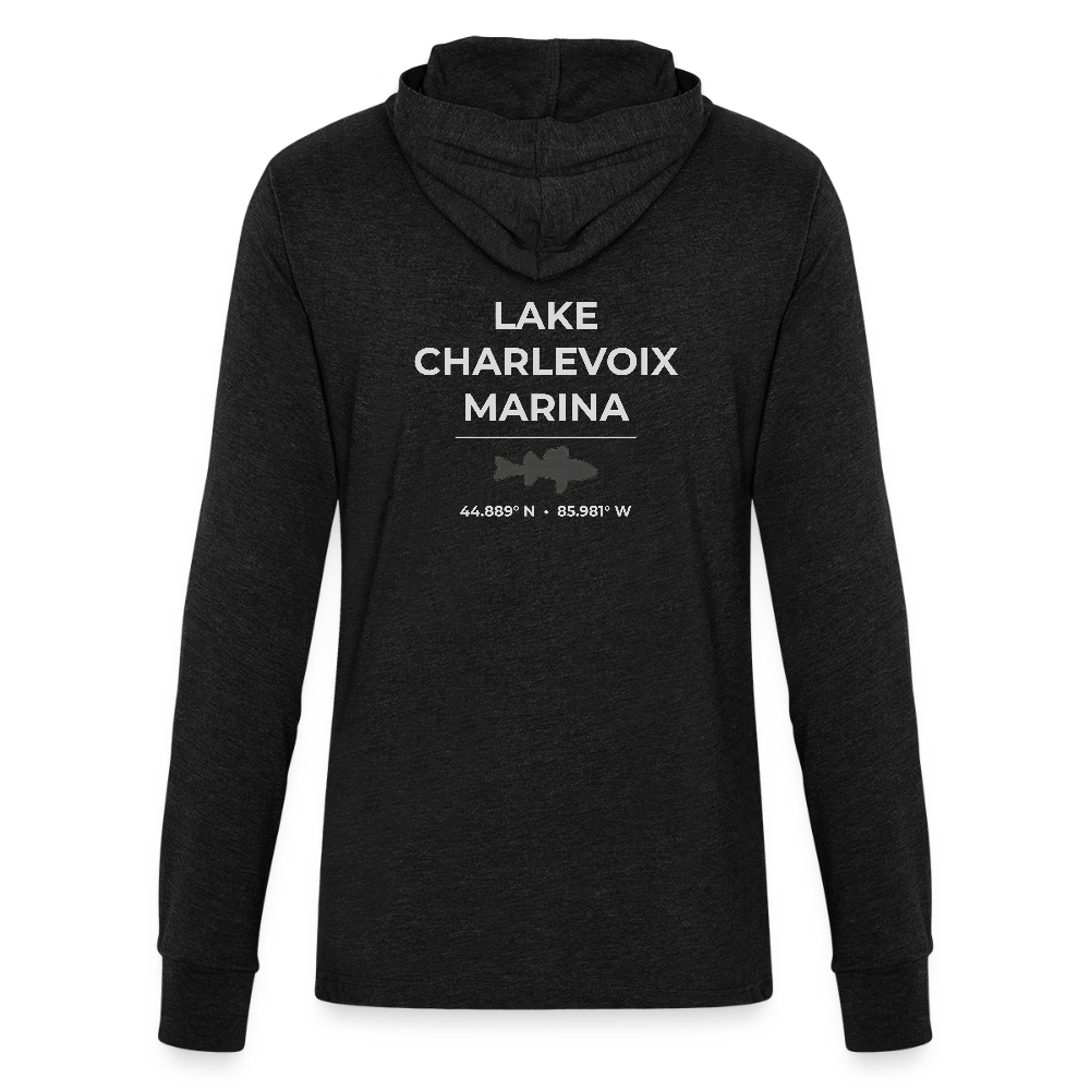 LAKE CHARLEVOIX MARINA LONG SLEEVE HOODED TEE - heather black