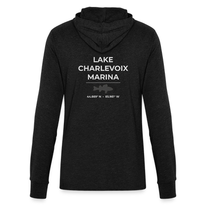 LAKE CHARLEVOIX MARINA LONG SLEEVE HOODED TEE - heather black