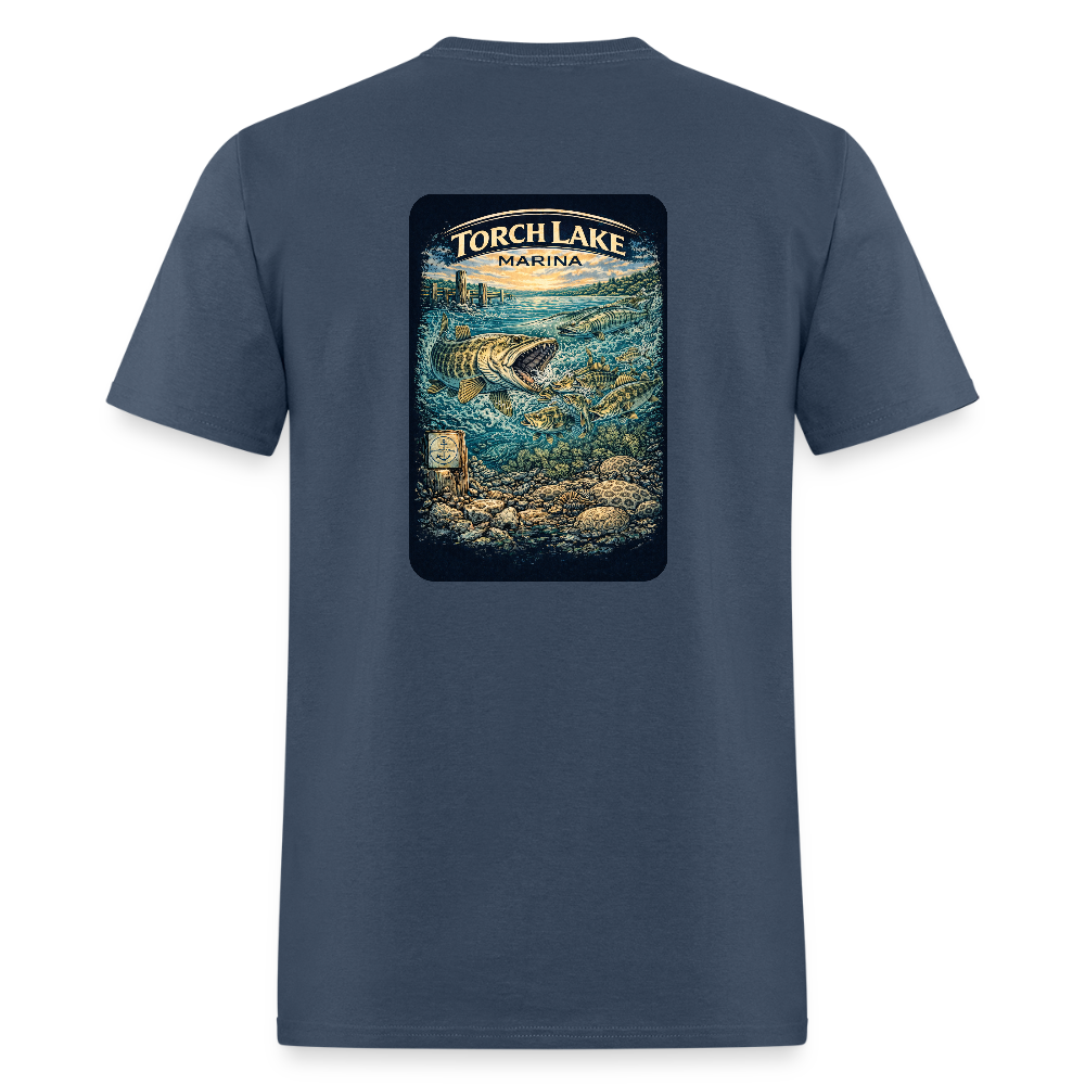 Torch Lake Marina T-Shirt | Michigan Inland Water Heritage -  blue dusk
